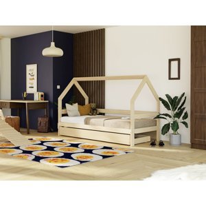 Benlemi Dětská dřevěná postel domeček SAFE 3v1 se zábranou a úložným šuplíkem Zvolte barvu: Béžová, Zvolte rozměr: 120x200 cm, Zvolte zábranu: S otev…