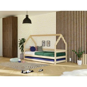Benlemi Dětská dřevěná postel domeček SAFE 3v1 se zábranou a přistýlkou Zvolte barvu: Béžová, Zvolte rozměr: 90x160 cm, Zvolte zábranu: S otevřeným v…