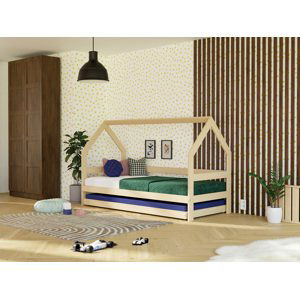 Benlemi Dětská dřevěná postel domeček SAFE 3v1 se zábranou a přistýlkou Zvolte barvu: Cihlová, Zvolte rozměr: 90x190 cm, Zvolte zábranu: S otevřeným …