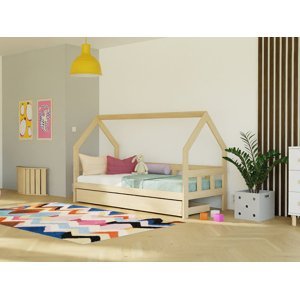 Benlemi Dětská postel domeček FENCE 2v1 ze dřeva se zábranou a úložným šuplíkem Zvolte barvu: Bílá, Zvolte rozměr: 120x200 cm, Zvolte zábranu: S otev…