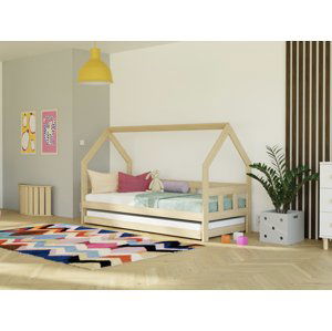 Benlemi Dětská postel domeček FENCE 2v1 ze dřeva se zábranou a přistýlkou Zvolte barvu: Nelakovaná, Zvolte rozměr: 90x160 cm, Zvolte zábranu: S otevř…