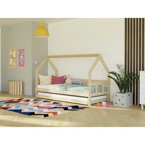 Benlemi Dětská postel domeček FENCE 2v1 ze dřeva se zábranou a přistýlkou Zvolte barvu: Pastelově růžová, Zvolte rozměr: 90x160 cm, Zvolte zábranu: S…
