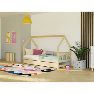 Benlemi Dětská postel domeček FENCE 2v1 ze dřeva se zábranou a úložným šuplíkem Zvolte barvu: Cihlová, Zvolte rozměr: 90x190 cm, Zvolte zábranu: S ot…