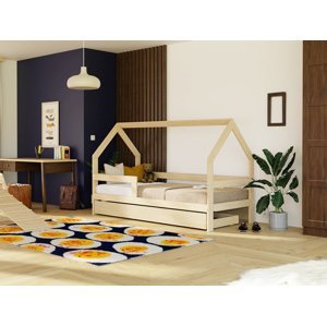 Benlemi Dětská dřevěná postel domeček SAFE 3v1 se zábranou a úložným šuplíkem Zvolte barvu: Béžová, Zvolte rozměr: 120x200 cm, Zvolte zábranu: S jedn…
