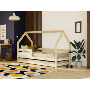 Benlemi Dětská dřevěná postel domeček SAFE 3v1 se zábranou a přistýlkou Zvolte barvu: Bílá, Zvolte rozměr: 90x160 cm, Zvolte zábranu: S jednou zábran…