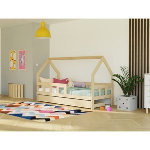 Benlemi Dětská postel domeček FENCE 2v1 ze dřeva se zábranou a úložným šuplíkem Zvolte barvu: Béžová, Zvolte rozměr: 120x200 cm, Zvolte zábranu: S je…