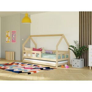 Benlemi Dětská postel domeček FENCE 2v1 ze dřeva se zábranou a přistýlkou Zvolte barvu: Béžová, Zvolte rozměr: 90x160 cm, Zvolte zábranu: S jednou zá…