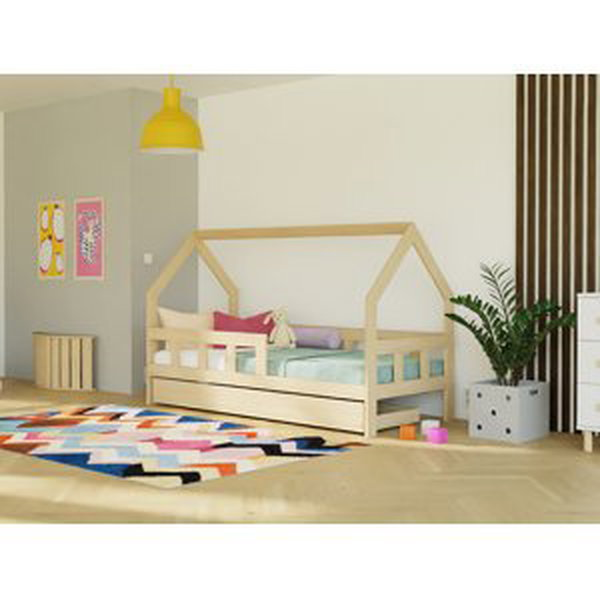 Benlemi Dětská postel domeček FENCE 2v1 ze dřeva se zábranou a úložným šuplíkem Zvolte barvu: Pastelově růžová, Zvolte rozměr: 90x190 cm, Zvolte zábr…