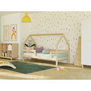 Benlemi Dětská dřevěná postel domeček SAFE 3v1 se zábranou Zvolte barvu: Béžová, Zvolte rozměr: 90x160 cm, Zvolte zábranu: Se dvěma zábranami