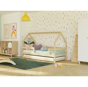Benlemi Dětská dřevěná postel domeček SAFE 3v1 se zábranou a přistýlkou Zvolte barvu: Béžová, Zvolte rozměr: 90x160 cm, Zvolte zábranu: Se dvěma zábr…