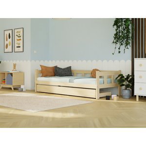 Benlemi Dřevěná jednolůžková postel FENCE 4v1 se zábranou a úložným šuplíkem Zvolte barvu: Béžová, Zvolte rozměr: 120x200 cm, Zvolte zábranu: S otevř…
