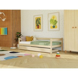 Benlemi Jednolůžková postel ze dřeva SAFE 5v1 se zábranou a úložným šuplíkem Zvolte barvu: Béžová, Zvolte rozměr: 120x200 cm, Zvolte zábranu: S otevř…