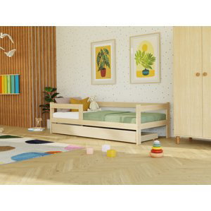 Benlemi Jednolůžková postel ze dřeva SAFE 5v1 se zábranou a úložným šuplíkem Zvolte barvu: Béžová, Zvolte rozměr: 120x200 cm, Zvolte zábranu: S jedno…