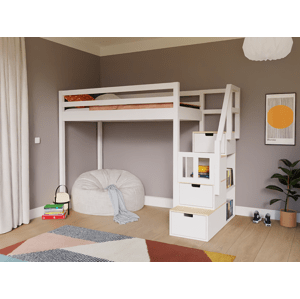 WoodPassion Zvýšená dřevěná postel PATRO s úložnými schody 90x200 cm Zvolte barvu: Bílá - Přírodní, Zvolte stranu: Vlevo