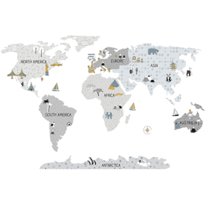 Pastelowe Love Dětské nástěnné samolepky MAPA SVĚTA šedé Rozměr: L, Jazyk: Anglický