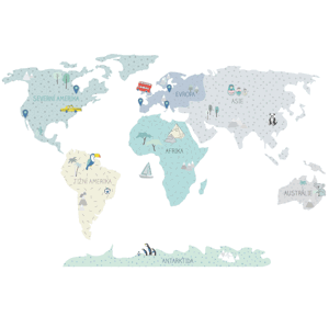 Pastelowe Love Dětské nástěnné samolepky MAPA SVĚTA mátové Rozměr: L, Jazyk: Český