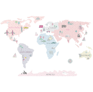 Pastelowe Love Dětské nástěnné samolepky MAPA SVĚTA růžové Rozměr: M, Jazyk: Anglický