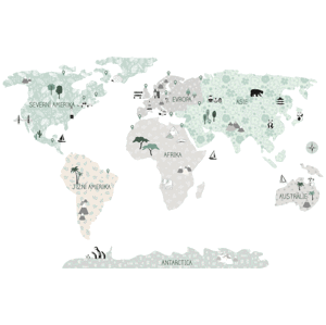 Pastelowe Love Dětské nástěnné samolepky MAPA SVĚTA zelené Rozměr: M, Jazyk: Český