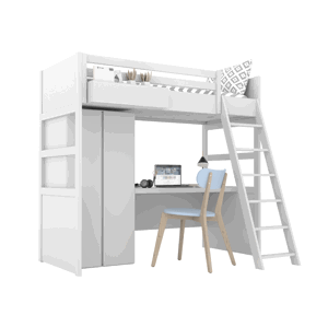 BAMI Bílá vyvýšená postel SIMONE se žebříkem, skříní, psacím stolem a policí 90x200 cm