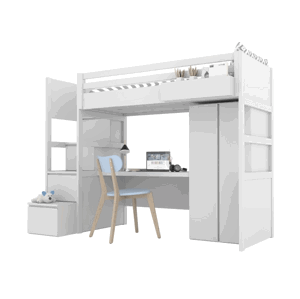 BAMI Bílá vyvýšená postel SIMONE s úložnými schody, skříní, psacím stolem a policí 90x200 cm Zvolte stranu: Vlevo