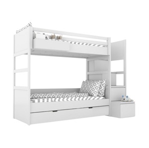 BAMI Bílá dětská patrová postel SIMONE s úložnými schody a policí 90x200 cm Zvolte šuplík: Bez šuplíku, Zvolte stranu: Vlevo