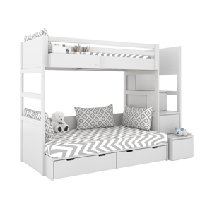 BAMI Bílá patrová postel se dvěma lůžky SIMONE s úložnými schody a policí 90x200 cm, 120x200 cm Zvolte šuplík: Dvojitý úložný šuplík, Zvolte stranu: …