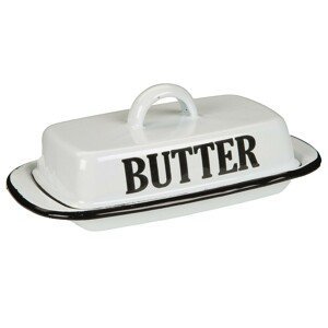 Bílá smaltovaná máslenka s nápisem Butter - 21*13*8cm Ambiente