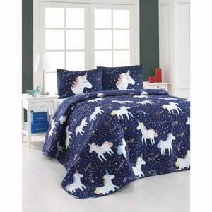 Set prošívaného přehozu a 2 povlaků na polštáře Eponj Home Magic Unicorn Dark Blue, 200 x 220 cm