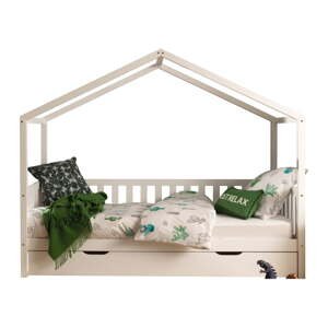 Bílá domečková dětská postel z borovicového dřeva s výsuvným lůžkem a úložným prostorem 90x200 cm DALLAS – Vipack
