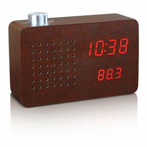 Tmavě hnědý budík s červeným LED displejem a rádiem Gingko Radio Click Clock